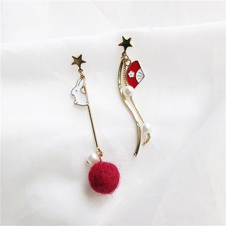 Non-matching Alloy Rabbit & Fan Bobble Dangle Earring 1 Pair - Stud Earrings - Red - One Size