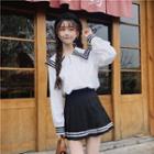 Long-sleeve Shirt / Mini Pleated A-line Skirt