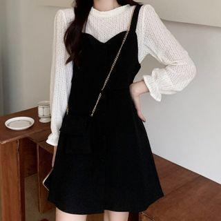 Bell-sleeve Blouse / Mini A-line Overall Dress / Crossbody Bag / Set