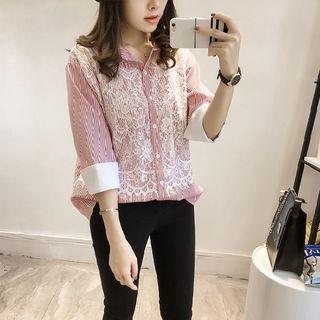 Lace Panel Stripe Long Sleeve Blouse