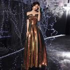 Off-shoulder Cap Sleeve Glittered A-line Evening Gown