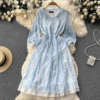 Long-sleeve Lapel Flower Embroidered Dress