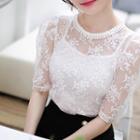 Set: Puff-shoulder Lace Top + Camisole Top Ivory - One Size