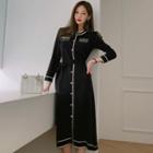 Long-sleeve Buttoned Knit Midi A-line Dress Black - One Size