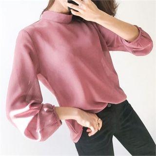 High-neck Bishop-sleeve Sheer Blouse