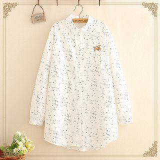 Dog Embroidered Dotted Long-sleeve Shirt As Shown In Figure - One Size