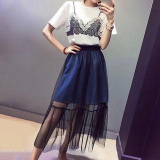 Set: Lace Trim Short Sleeve T-shirt + Mesh Hem Midi Skirt