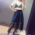 Set: Lace Trim Short Sleeve T-shirt + Mesh Hem Midi Skirt
