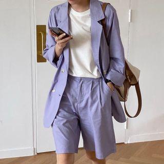 Long-sleeve Plain Blazer + High-waist Plain Shorts