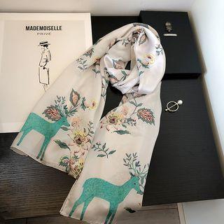 Deer Print Neck Scarf Green Deer - White - One Size