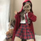 Hooded Long Jacket / Shirt With Tie / Plaid Pleated Mini Skirt