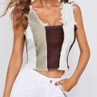 Color Block Frayed Denim Crop Tank Top