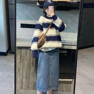 Set: Long Sleeve Striped Sweatshirt + Slit Denim Midi Skirt