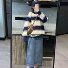 Set: Long Sleeve Striped Sweatshirt + Slit Denim Midi Skirt