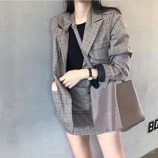 Set: Plaid Loose-fit Blazer + Slim-fit Skirt
