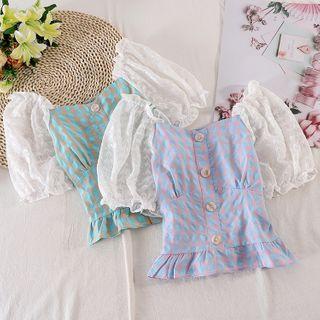 Square-neck Panel Plaid Puff-sleeve Top