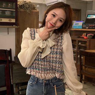Bow Accent Chiffon Blouse / Tweed Camisole Top