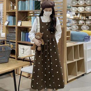 Dotted Corduroy Midi Overall Dress / Long-sleeve Turtleneck Plain Top