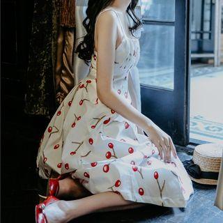 Cherry Print Spaghetti Strap Midi A-line Dress