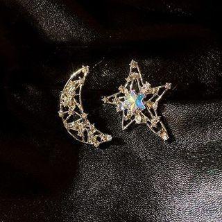 Moon & Star Rhinestone Asymmetrical Earring 1 Pair - Silver Needle - Silver - One Size