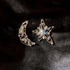 Moon & Star Rhinestone Asymmetrical Earring 1 Pair - Silver Needle - Silver - One Size