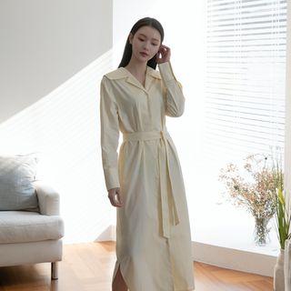 Sailor-collar Maxi Shirtdress With Sash