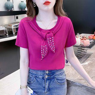 Short-sleeve Rhinestone Tie-neck T-shirt
