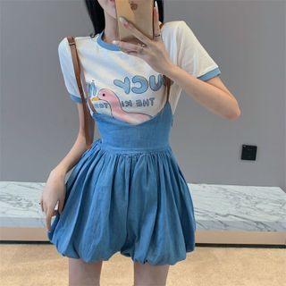 Set: Short-sleeve Duck Print T-shirt + Denim Jumper Shorts