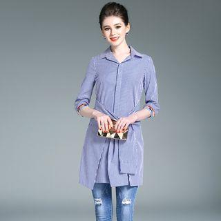 Embroidered Back Striped Tie-front Long Shirt