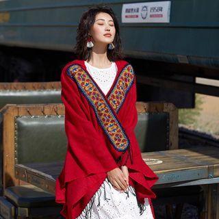 Embroidered Fringe Cape Red - One Size