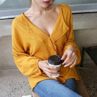 Open-placket Balloon-sleeve Top