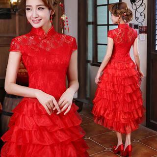 Short Sleeve Tiered High-low Wedding Cheongsam