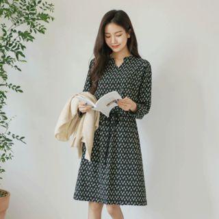 Mandarin-collar Tie-waist Floral Dress