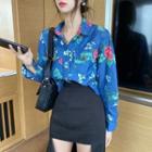 Long-sleeve Rose Print Denim Shirt Dark Blue - One Size