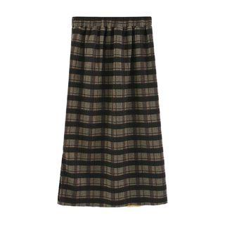 Plaid Midi Fitted Skirt Plaid - Black & Camel - One Size