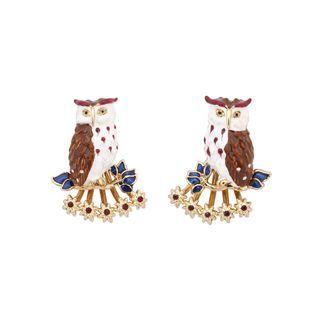 Fashion And Elegant Plated Gold Enamel Owl Earrings With Cubic Zirconia Golden - One Size