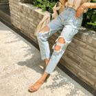 Cutout-knee Washed Loose-fit Jeans