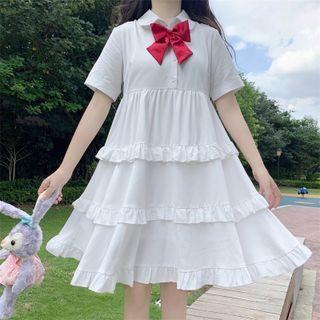 Bow Ruffle Trim Midi A-line Dress