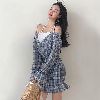 Set: Camisole Top + Off Shoulder Plaid Sheath Dress Set Of 2 - Plaid - Blue - One Size