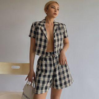 Cropped Plaid Chiffon Blazer