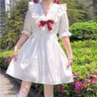 Bell-sleeve Ruffled Ribbon Mini A-line Dress White - One Size