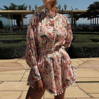 Set: Floral Print High Neck Blouse + High Waist Shorts