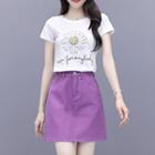 Set: Short-sleeve Floral Print T-shirt + Mini A-line Denim Skirt