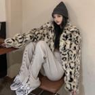 Leopard Print Fluffy Jacket Leopard - Almond & Black - One Size