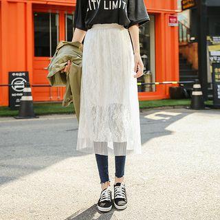 Mesh Overlay Lace Midi Skirt