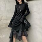 Long-sleeve Ruffle Hem Midi Dress Black - One Size