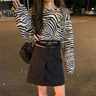 Long-sleeve Zebra Print Cropped Top + Lettering Camisole Top - Zebra + Camisole - One Size