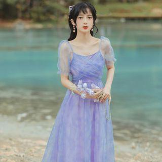 Puff-sleeve Glitter Mesh Midi A-line Dress
