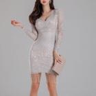 Long-sleeve Tasseled Lace Sheath Dress