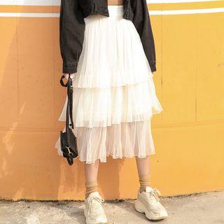 High-waist Mesh Midi Tiered Skirt